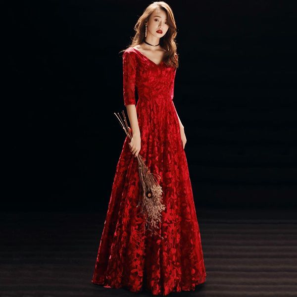 

v-neck bridal wedding dress elegant lace evening party noble a-line prom gown up maxi big size 3xl ethnic clothing, Red