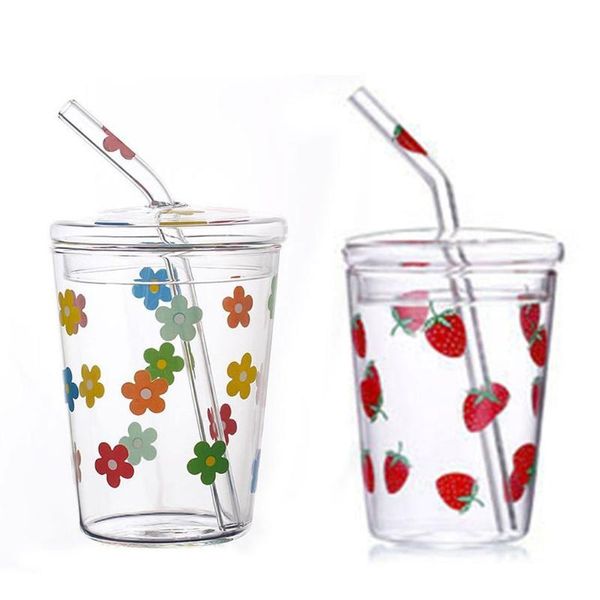 

wine glasses 350ml cute strawberry flower print glass milk bottle with lid and straw clear coffee water juice drinking cup reusable mug