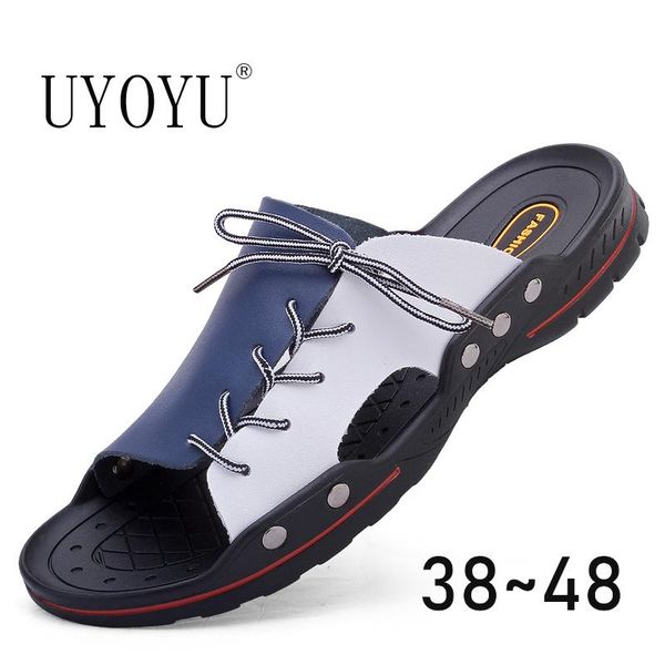 

sandals classic mens summer genuine leather male beach soft comfortable outdoor slippers slip-on man, Black
