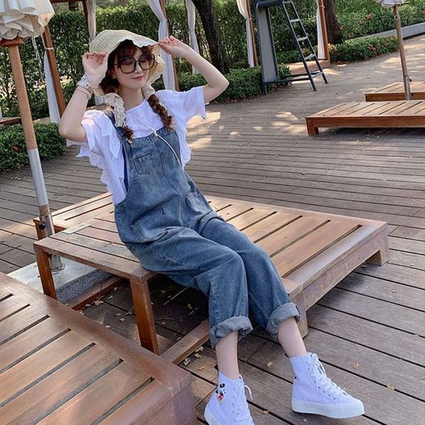 

large fat mm denim suspender pants female loose slim one-piece fashion, Blue
