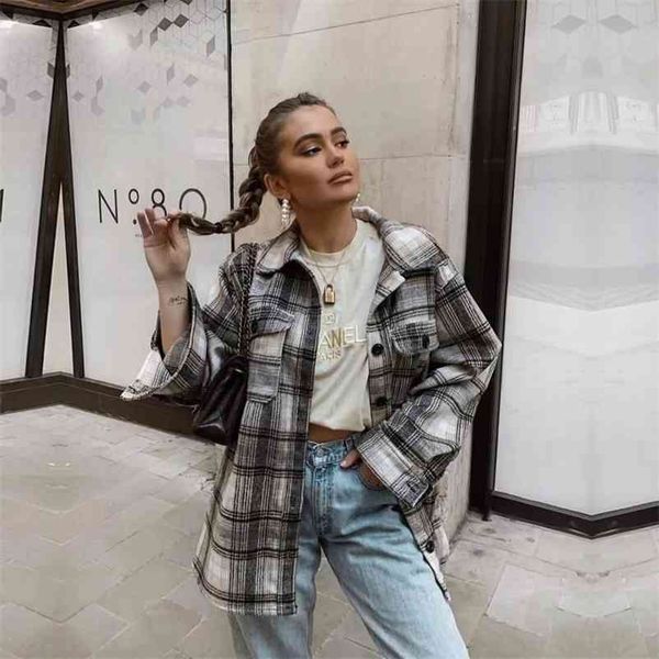 

vintage women long sleeve woolen coats fashion ladies thick plaid coat female streetwear elegant girls oversize jacket chic 210521, Black;brown