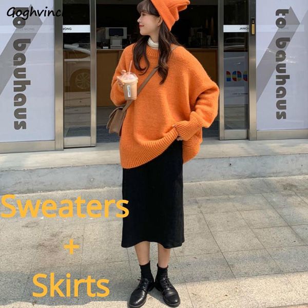 

women's tracksuits women sets autumn orange knitted batwing sleeve oversize sweaters elastic waist solid skirts students korean leisure, Gray