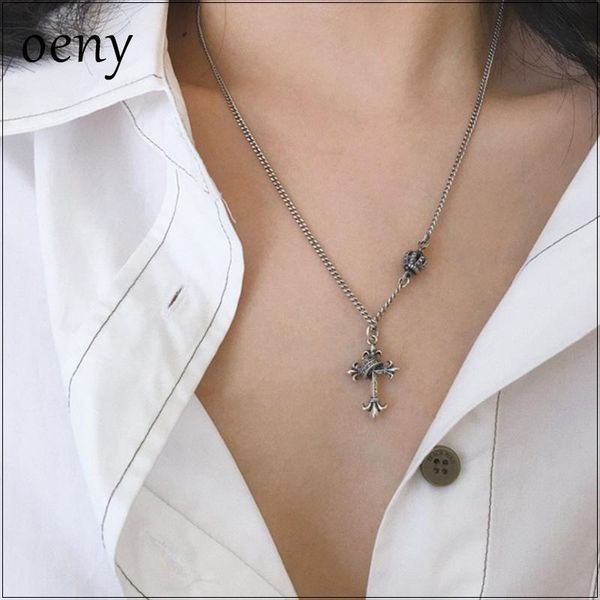 

chains oeny s925 silver classic vintage crown cross necklace retro distressed clavicle chain for man and woman jewelry