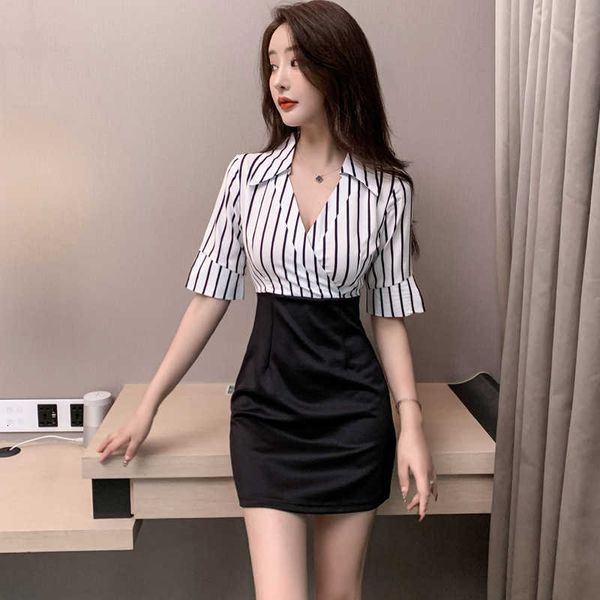 

luxury party evening dress ol medium sleeve striped 's style shirt slim fit hip wrap short skirt, White;pink