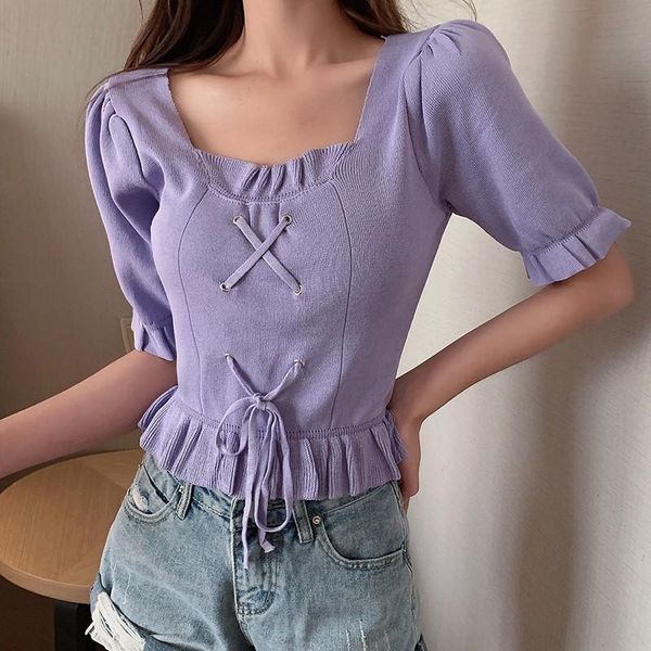 

women's t-shirt slim knit women\\'s short-sleeved bubble sleeve shirt, White