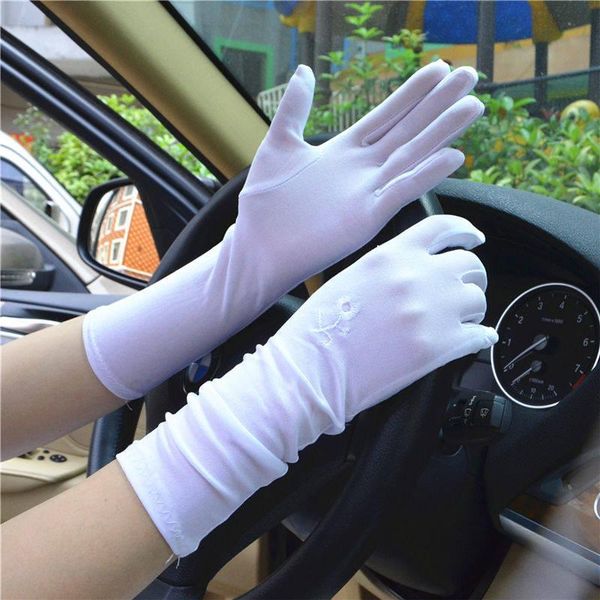 

five fingers gloves summer lady spandex medium-long sunscreen embroidered female thin elastic etiquette driving foe women luvas, Blue;gray