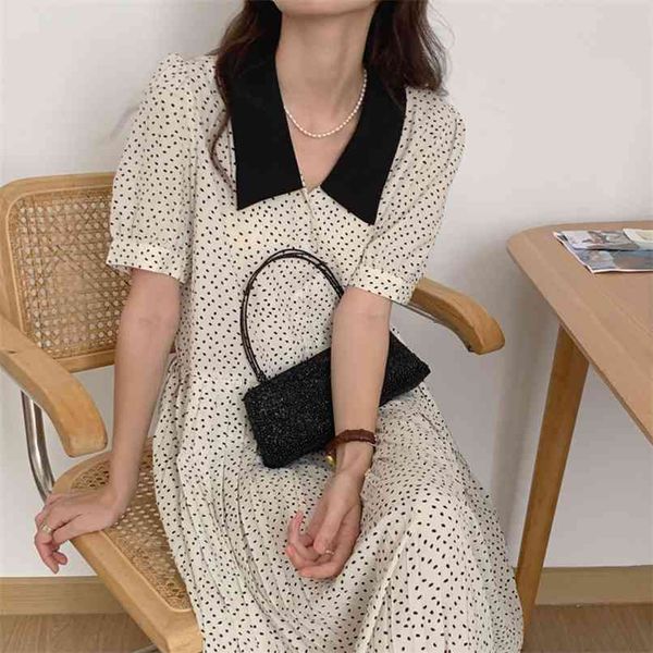 Retro Design Nicho Cor Matching Boneca Collar Plissado Temperamento Vestido Verão Moda Mulheres Mulheres 210520