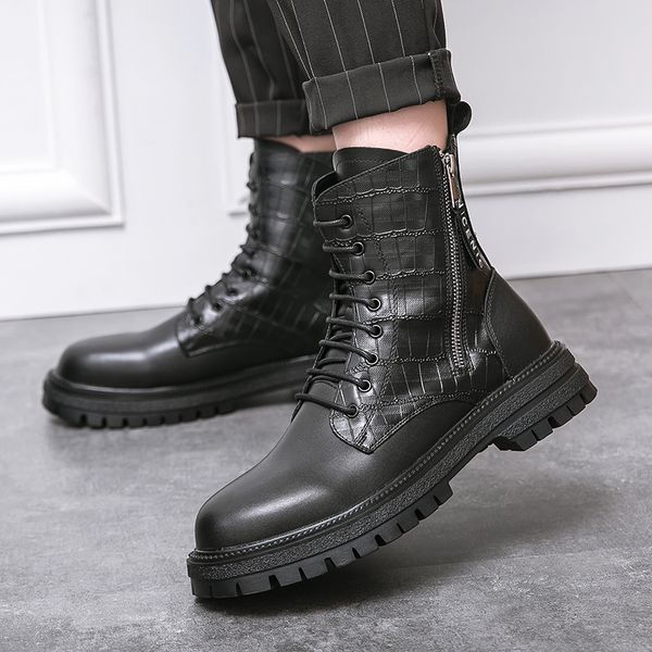 Fashion Winter Men Boots Platform Black Leather Boot For Male Crocodile Grain Design Casual Men Ankle Boots 2022 botines hombre
