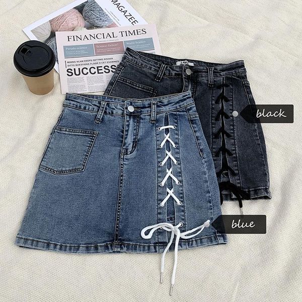 

skirts qoerlin vintage denim jeans black shorts womens high waist lace up bodycon split tight mini skirt plus size