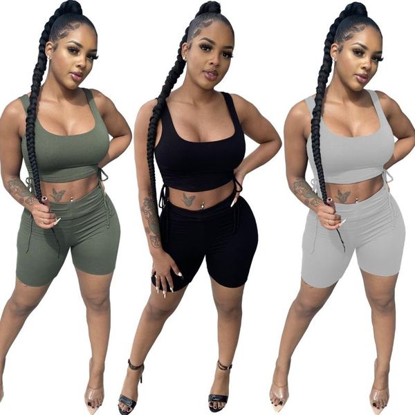 

women's tracksuits s-2xl 2 piece outfit women clothing summer 2021 soprt solid color halter and shorts two poiece set wholesale drop, Gray
