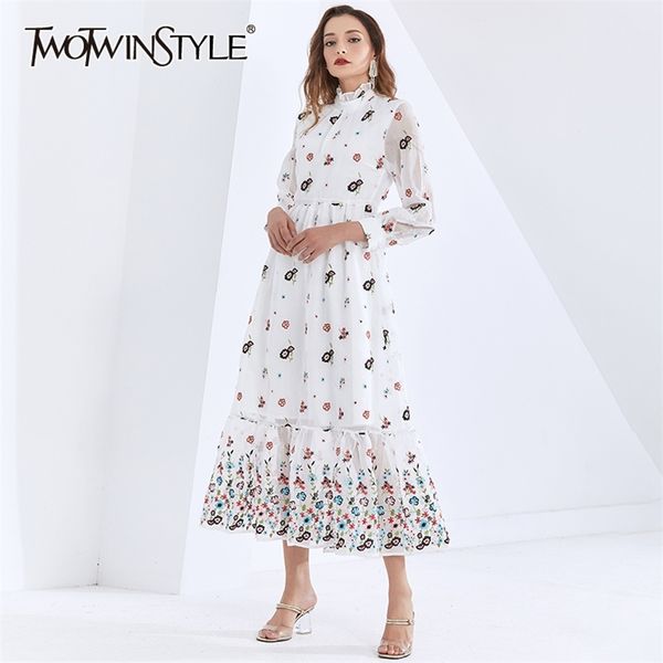 

embroidery print dress for women stand collar lantern long sleeve vintage floor length dresses female clothing 210520, Black;gray