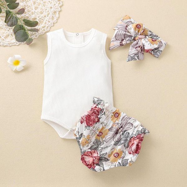 

children's suit born infant baby girls ribbed romper +floral short pants +headbands kids sets 2021 clothing, White