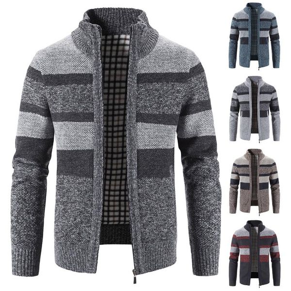 

men's sweaters winter fashion patchwork knitted jackets thick comfy long sleeve sweater coat warm stand collar fall tide casual cardiga, White;black