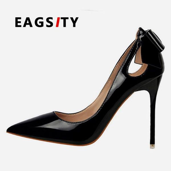

pumps patent leather women high heel shoes stiletto heels dancing wedding party ladies dress bowtie knot nude colors, Black