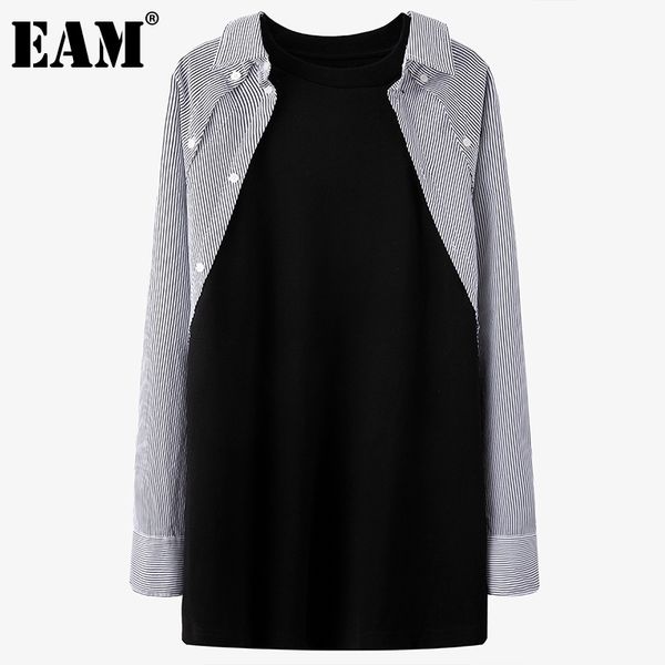 

[eam] women black button striped spliced big size t-shirt round neck long sleeve fashion spring autumn 1dd6341 21512, White