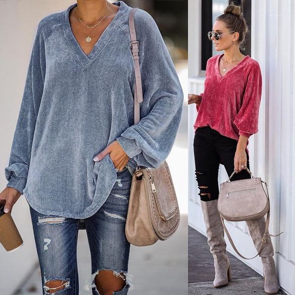 

fashion v-neck women's shirt loose long sleeve plush spring and autumn urban casual lantern ladies bottoming blouse blouses & shirts, White