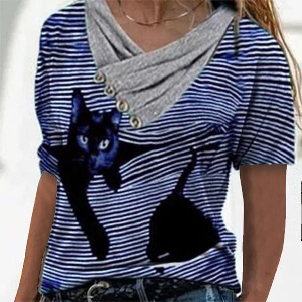 

women's t-shirt vintage cat print t shirts women ladies cross v-neck buttons casual pullover autumn long sleeve tee, White