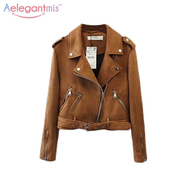 Aelegantmis Autunno Cool Giacca in pelle scamosciata sintetica Donna Cappotto corto corto marrone Donna Manica lunga Colletto rovesciato Giacche invernali 210607