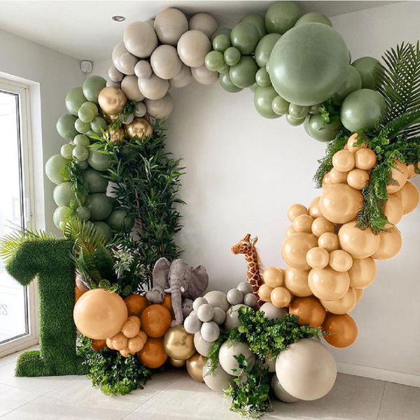 

155pcs coffee balloon arch kit garland chrome gold sage green globos safari baby shower kids wild one 1st birthday party ply