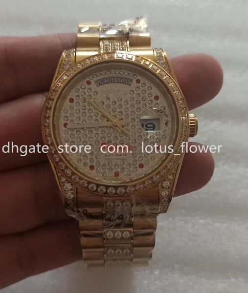 

selling style watch midsize 18k yellow gold quickset full pave diamonds dial 36mm automatic fashion men's watches wristwatch, Slivery;brown