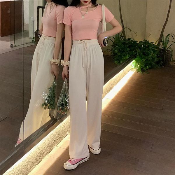 

women's pants & capris summer slacks loose drawstring straight-leg black wide leg apricot women high waisted trousers, Black;white