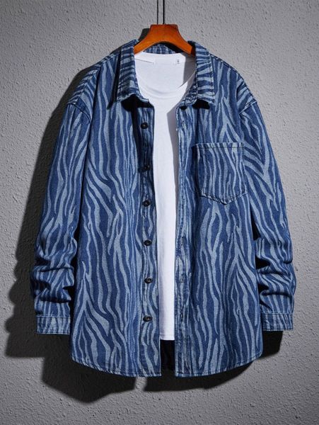 

men zebra striped pocket patched denim shirt without tee b9xk#, Blue