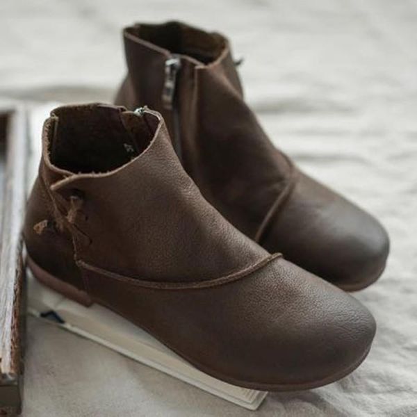 

boots autumn women shoes pu leather ladies ankle botas mujer low heels platform zipper vintage western female, Black