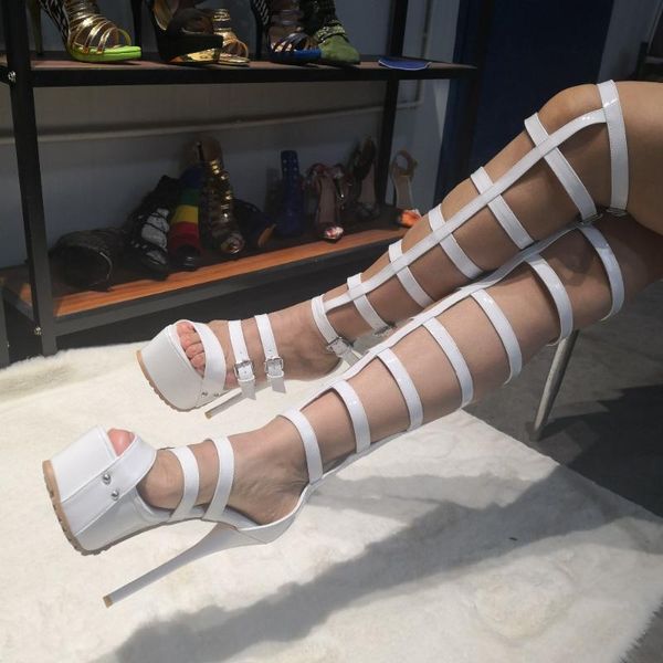 

real po large size 45 custom make woman high heel platform knee belt buckle sandal hollow sandals, Black