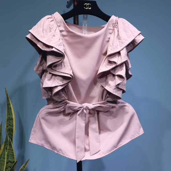 

sweet fungus ruffle for women solid colour elegant blusas fashion bow all-match blouse slimming flying sleeves loose shirt, White