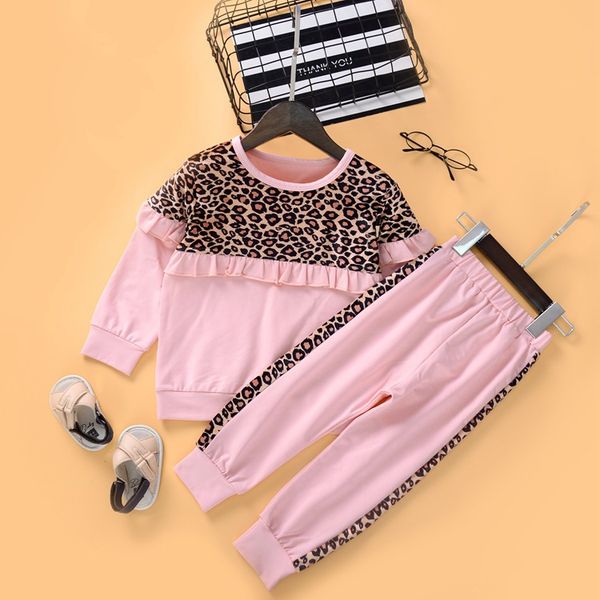 

kids wear girls clothes fashion style long sleeve leopard pink o neck pullover + pants trousers kids tracksuit for 2-6y, White