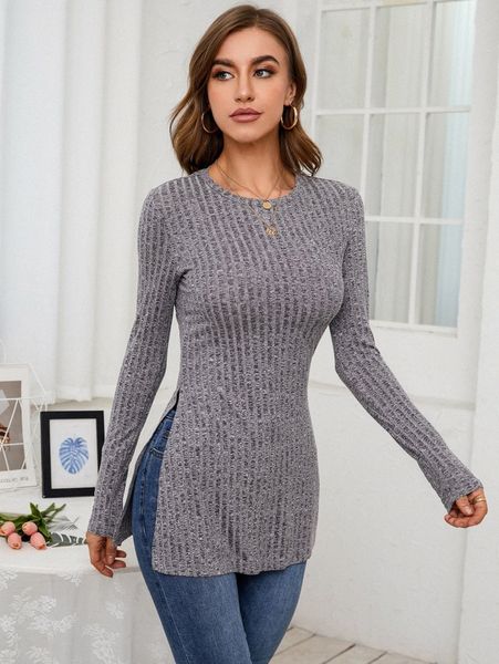 

marled knit split hem tee t56u#, White