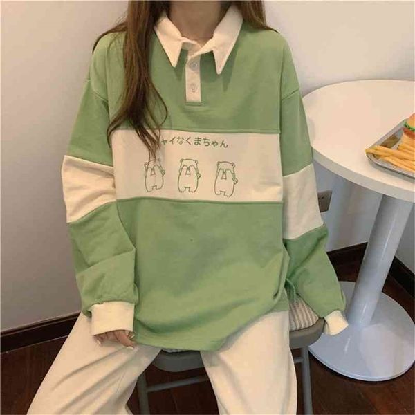

vintage polo collar letters print oversized sweatshirt women girls harajuku autumn korean kawaii clothes pullovers 210809, Black