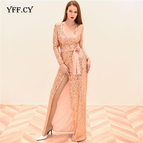 

casual dresses deep v-neck long sleeve sequins women split party elegant night bodycon maxi vestido, Black;gray