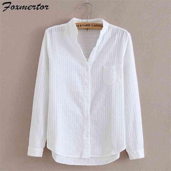 

foxmertor 100% cotton shirt white blouse spring autumn blouses shirts women long sleeve casual solid pocket blusas #66 210730