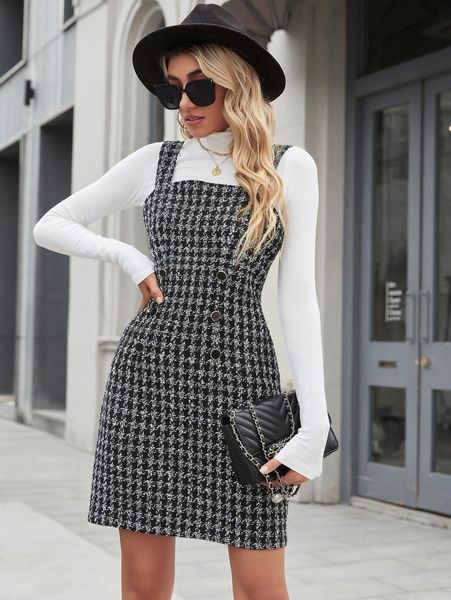 

button detail plaid tweed cami dress without 51ho#, Black;gray