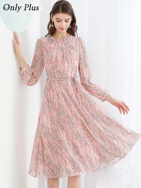 

casual dresses only plus vetsidos mujer 2021 spring pink printed floral high waist belt knee chiffon dresse elegant party slim dress, Black;gray