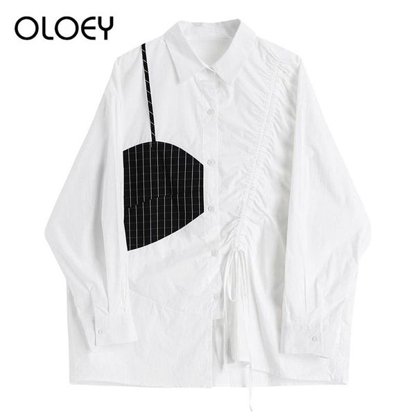 

spring 2021 white spliced blouse women lace long sleeve korean style striped patchwork oversized shirt female cardigan women's blouses