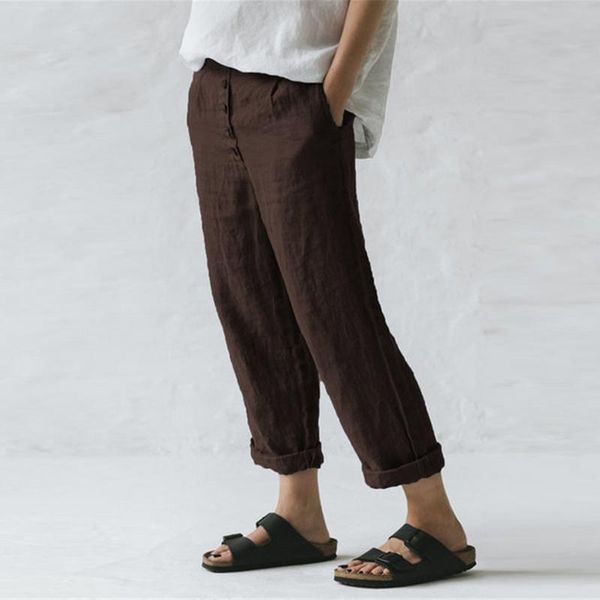 

women's pants & capris 2021 women summer vintage linen casual loose pantalon femme button elastic waist simple trousers pockets pencil, Black;white