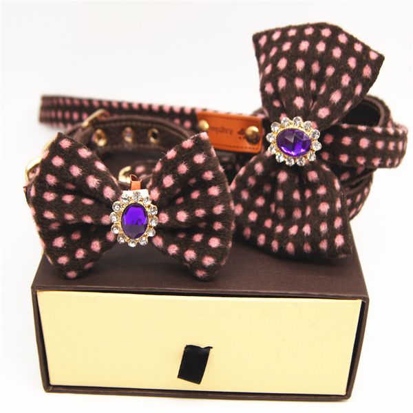 

purple dots inlaid diamond dog collars leashes bow tie set dogs cats 4 feet leash soft durable leather pet collar for daily and party show i