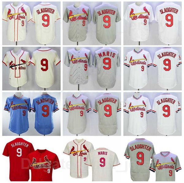

men retro baseball 9 enos slaughter vintage jersey red white grey blue beige team color pullover embroidery and stitching flexbase retire 19, Blue;black