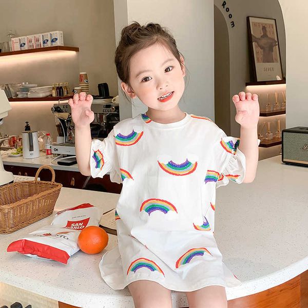 Ins Fashion Kids Rainbow Cotton Dress for Girls Summer Soft Abbigliamento Toddler Flare Sleeve Sleeping Clothes 210529