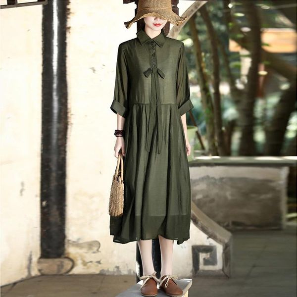 

casual dresses qpfjqd ladies tencel cotton dress turn down collar solid color summer autumn female elegant bowknot three quarter sleeve, Black;gray