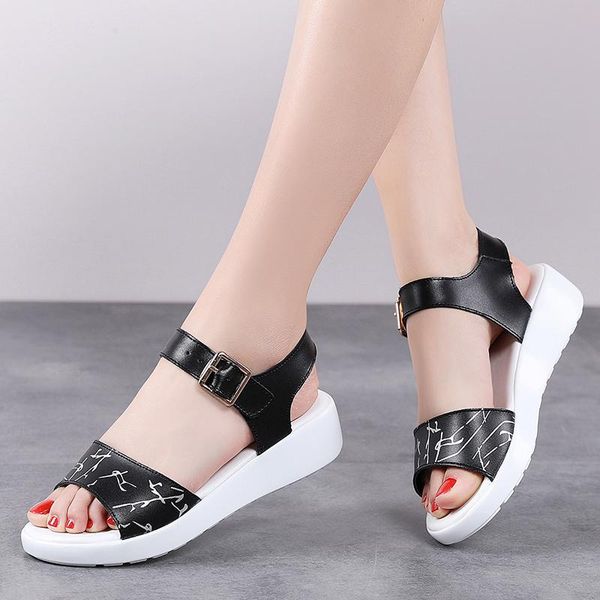 

cow leather women sandals wedge heel buckles breathable female flats light soft comfort antiskid fashion shoes casual summer, Black