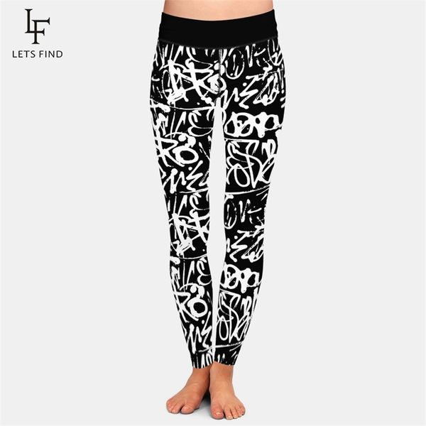

letsfind brand fashion winter women plus size pants 3d doodle letter element digital printing high waist soft workout leggings 210913, Black