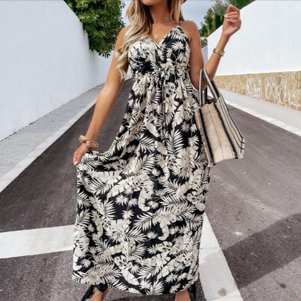 

casual dresses vintage sleeveless boho floral dress elegant women summer off shoulder v-neck beach ladies long, Black;gray