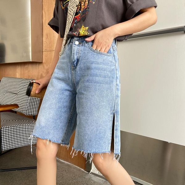 

women's shorts summer retro female high waist loose tassel ladies jeans women streetwear wide leg hole blue denim, White;black
