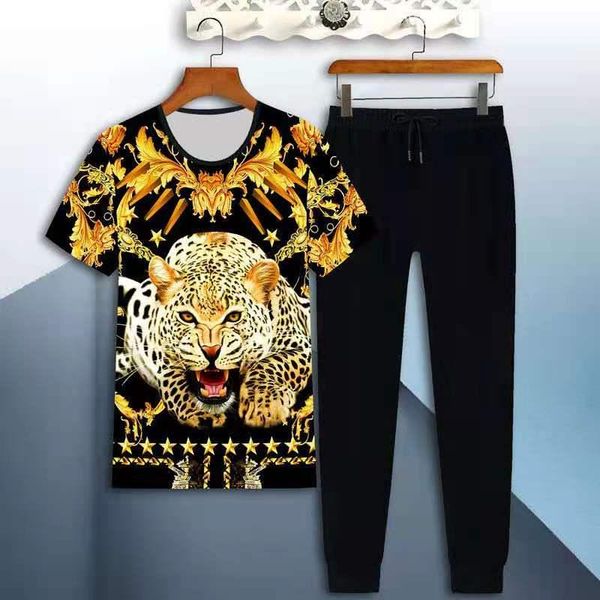 

men's tracksuits summer suit trend short-sleeved 3d printed t-shirt black trousers casual loose large size comfortable personality, Gray