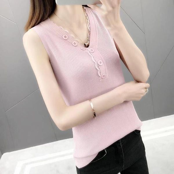 

women's tanks & camis 2021 summer women korean lace patchwork button tank sleeveless v-neck camisole female casual solid slim vest s13, White