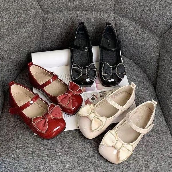 

flat shoes 2021 spring and autumn girls small leather bow western soft princess children' single little peas, Black;grey