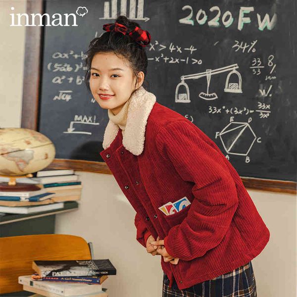 

downs winter padded retro red corduroy women's loose fur collar cotton coat 73t4, Black